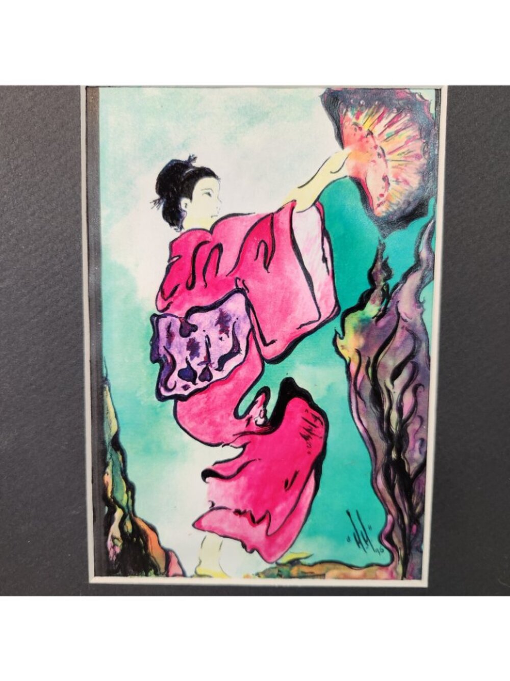 Vintage 1995 Color Ink Artwork Geshia w Komono & Fan Art 5" x 7" Matted 10"x8" - Picture 2 of 5